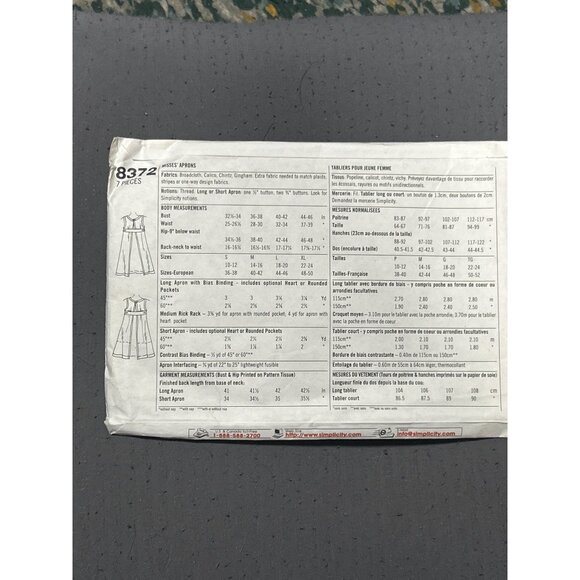 Simplicity Crafts Vintage Apron Sewing Pattern 8372 Size A S M L XL 36-52 - Picture 3 of 3